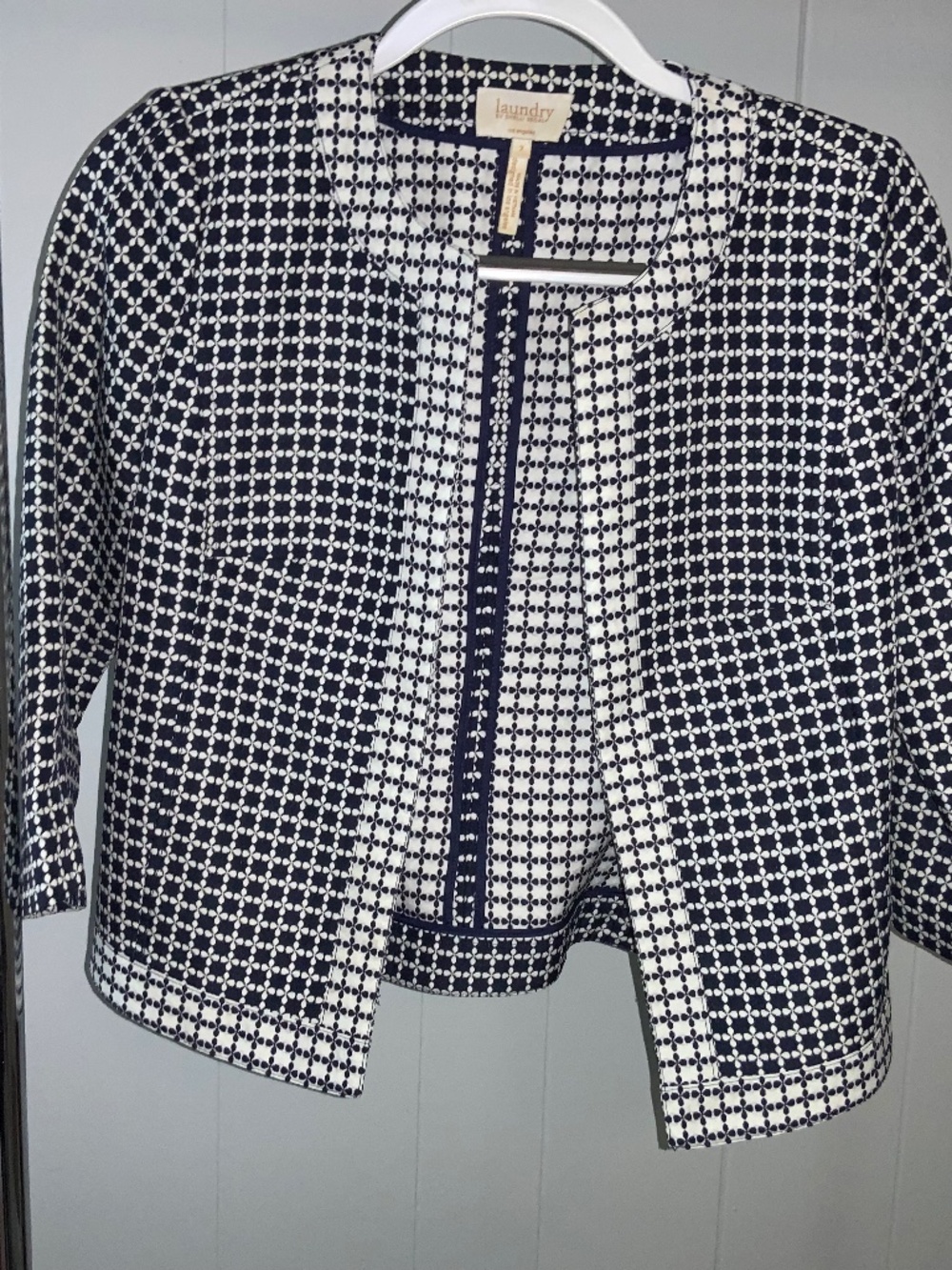 Laundry by Shelli Segal Cropped Jacket Sz 2 Blue White Print Open Front